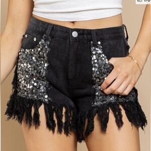 POL Cowgirl Silver Sequin & Black Denim Fringe Shorts NWT Size Medium